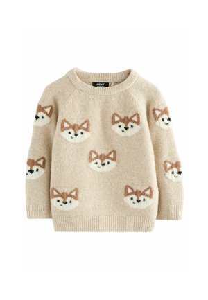 Beżowy sweter z dzianiny z długimi rękawami i wzorem małych uśmiechniętych twarzy lisów w brązowym i białym kolorze na całej powierzchni.