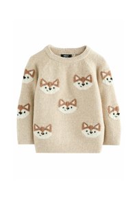 Pull en tan au texture cosy avec des motifs de visages de renard répétés en marron, blanc et noir. Encolure ras du cou et poignets côtelés.