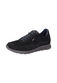 Baskets en daim noir avec un design texturé et des lacets assortis, dotées d'une semelle rembourrée et d'accents en cuir lisse pour plus de durabilité.