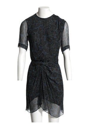 Robe courte noire semi-transparente avec motif abstrait à pois, manches courtes, encolure ronde et détail de nœud froncé à la taille.