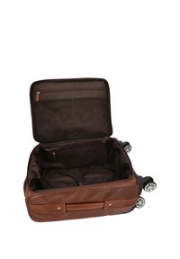 Brauner Leder-Trolley-Koffer geöffnet mit leeren Innenfächern und einem Netzreißverschlussfach im Innenklappdeckel.