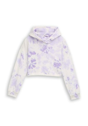 Felpa con cappuccio corta bianca con motivi tie-dye viola. Dotata di cappuccio con coulisse e maniche lunghe con polsini a costine. Tessuto dalla texture morbida.
