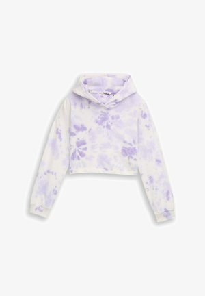 Felpa con cappuccio corta bianca con motivi tie-dye viola. Dotata di cappuccio con coulisse e maniche lunghe con polsini a costine. Tessuto dalla texture morbida.