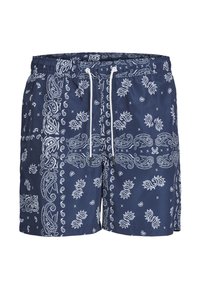 Marineblaue Schwimmshorts mit weißem Paisleydruck, elastischem Bund und Kordelzug. Hergestellt aus leichtem Material, geeignet für Strandmode.