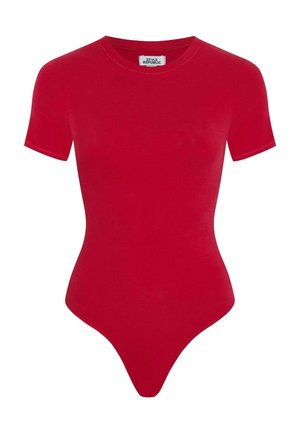Rode korte mouwen bodysuit van een zijdezachte katoenmix, met een ronde halslijn en een string uitsnede aan de onderkant voor een strakke pasvorm.