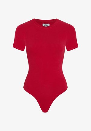 Rode korte mouwen bodysuit van een zijdezachte katoenmix, met een ronde halslijn en een string uitsnede aan de onderkant voor een strakke pasvorm.