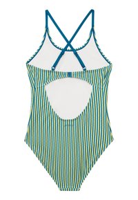 Maillot de bain une pièce rayé avec une haute coupe et un dos nu. Le matériau présente des rayures verticales bleues et jaunes ; bretelles réglables.