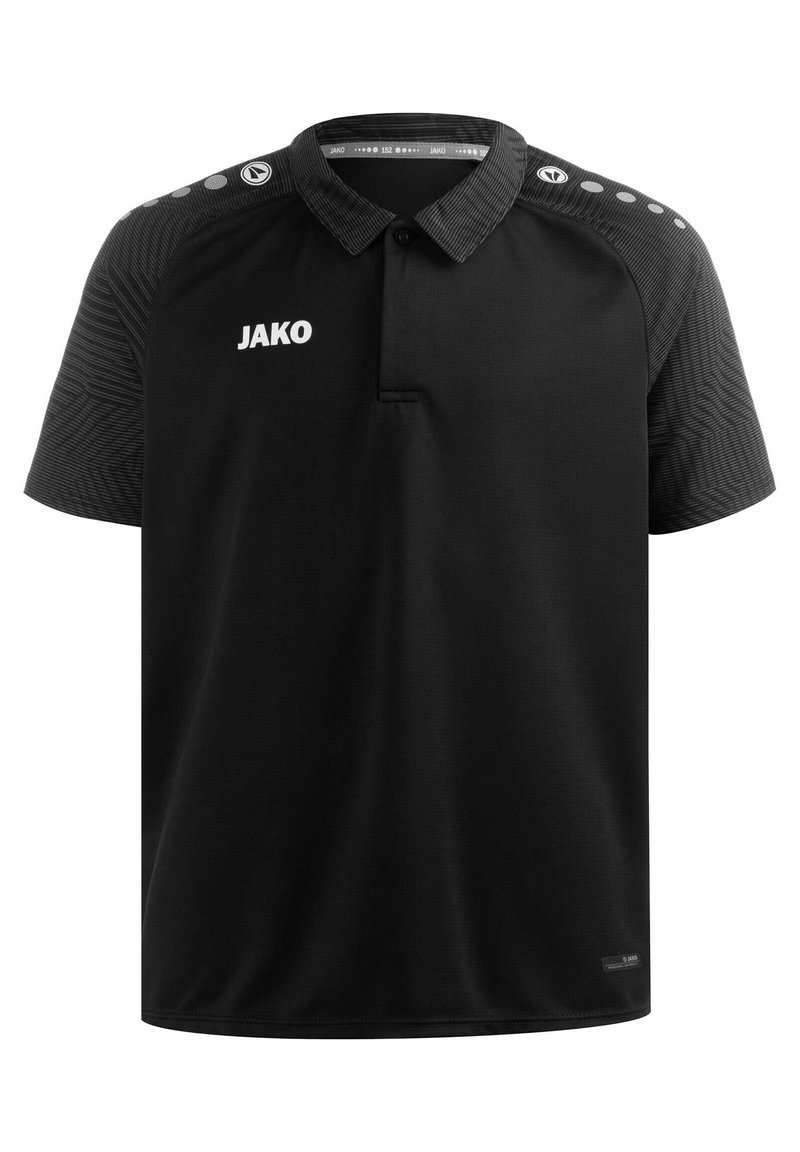 Schwarzpoloshirt mit Kragen, ausgestattet mit strukturierten schwarzen Ärmeln und dem weißen Logo "JAKO" auf der Brust. Einfaches, elegantes Design mit kurzen Ärmeln.