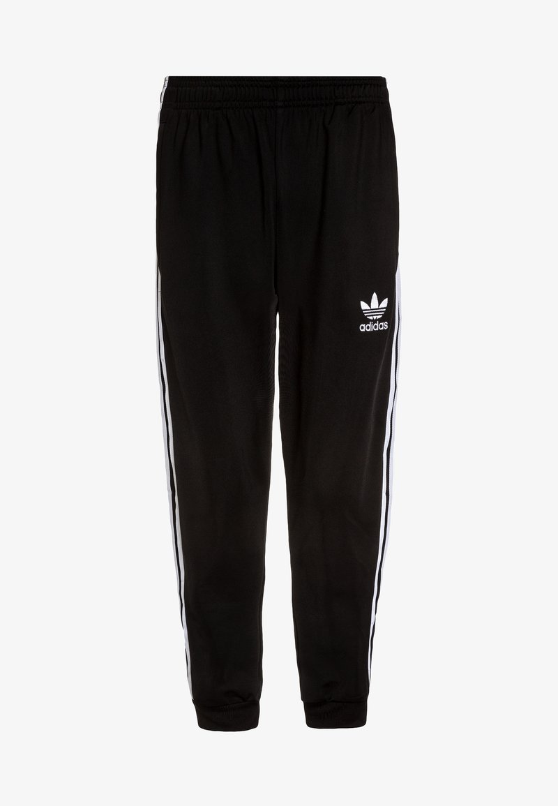 Pantalons de sport noirs avec des rayures blanches sur les côtés, taille élastique et logo Adidas. Fabriqués en tissu lisse avec des chevilles resserrées.