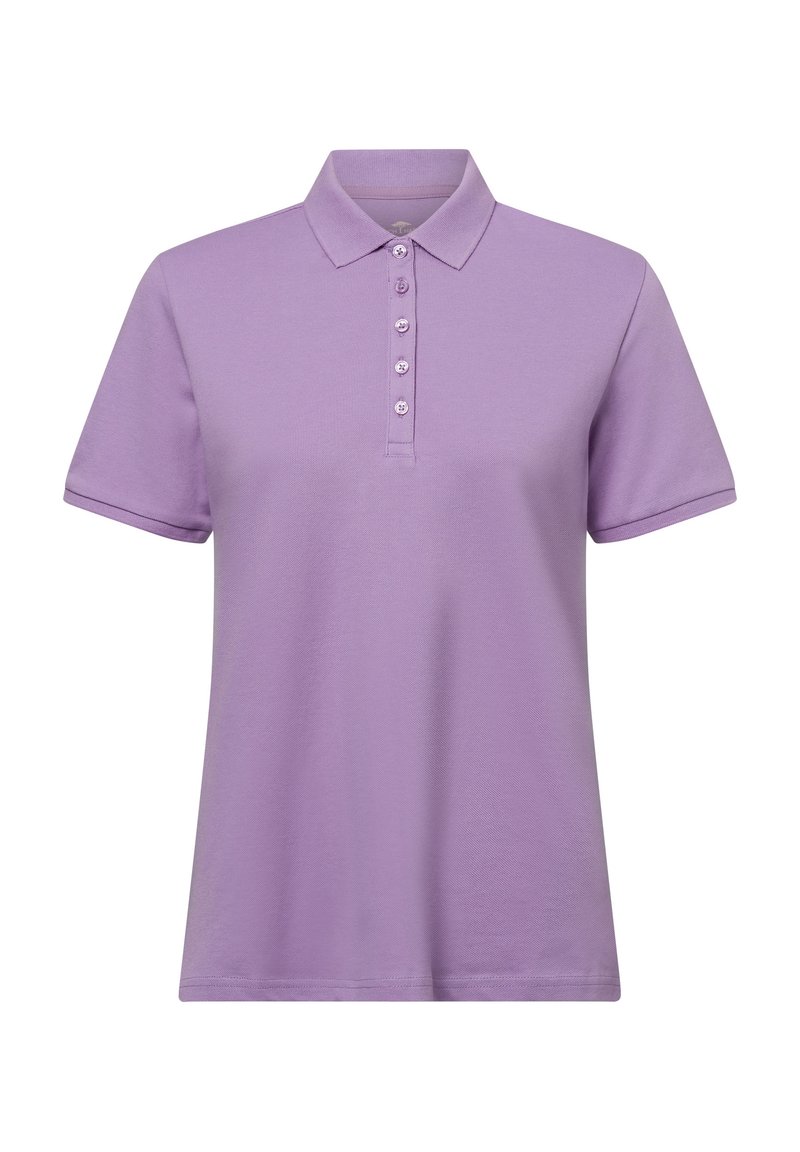 Lila poloshirt met een kraag, korte mouwen en een knoopsluiting met zes lichte knopen. Gemaakt van een structuurstof die ademend is.
