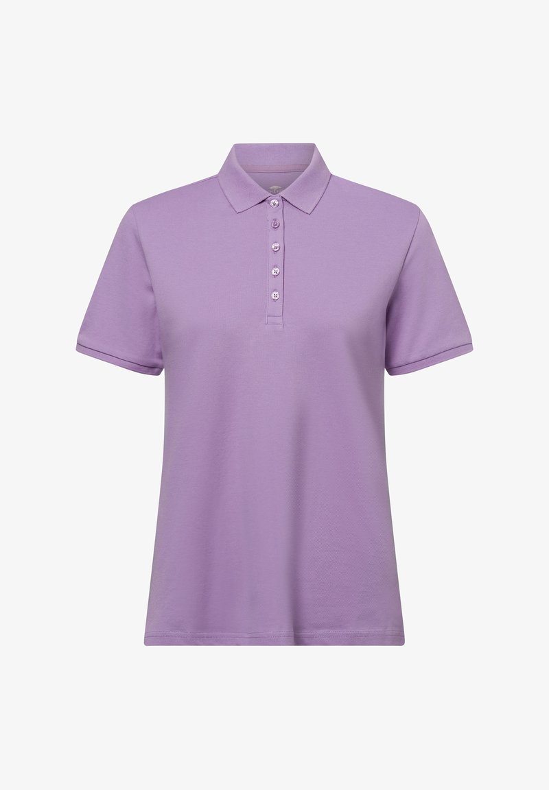 Lila poloshirt met een kraag, korte mouwen en een knoopsluiting met zes lichte knopen. Gemaakt van een structuurstof die ademend is.