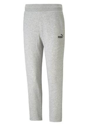 Pantalon de survêtement Puma gris clair avec taille élastique et logo Puma sur le haut de la cuisse gauche, présenté sur un fond blanc uni.