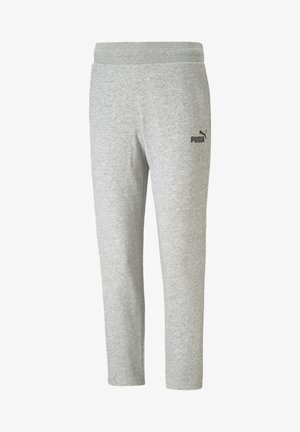 Lysegrå Puma joggingbukser med elastisk talje og Puma-logo på den øverste venstre lår, vist på en ensfarvet hvid baggrund.