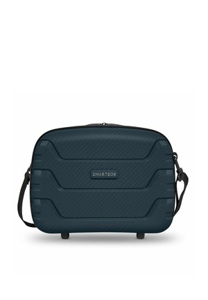 Donkerblauwe harde handbagagekoffer met een gestructureerd oppervlak, twee kleine wieltjes en een verstelbare schouderriem, voorzien van het label "SMARTBOX."