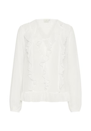 Blusa bianca in tessuto leggero con dettagli arricciati lungo il colletto e sul davanti, dotata di maniche lunghe e orlo arricciato.