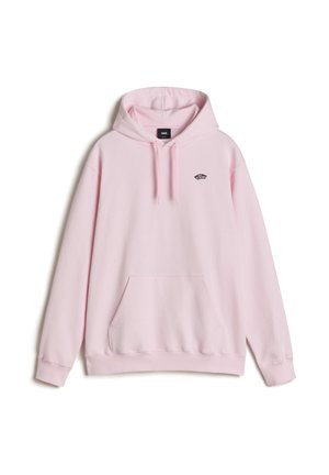 Light pink hoodie, cotton blend, features a front kangaroo pocket, adjustable drawstring hood, and small logo on the chest. Soft texture.