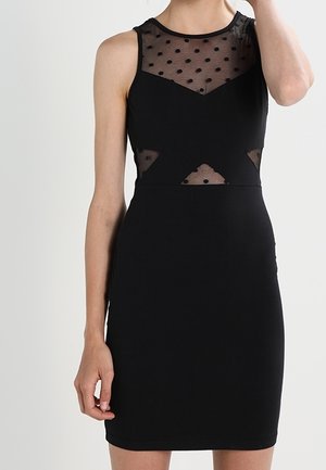 Ärmelloses schwarzes Kleid mit durchscheinenden gepunkteten Mesh-Einsätzen an Brust und Taille, figurbetont geschnitten und mit rundem Ausschnitt.