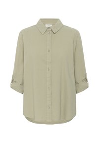Lichtgroen, knoopshirt met kraag, lange mouwen opgerold tot de ellebogen, en een gebogen zoom. Zachte stoftextuur.