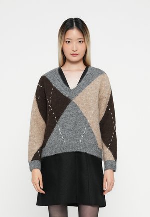 VMBLISS V NECK HANDSTITCH PULLOVER  - Pullover - medium grey melange/chocolate torte/silver mink/birch