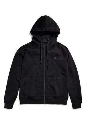 Black zip-up hoodie made of soft fabric, featuring a hoodie, drawstrings, and side pockets. Smooth texture with a small logo on the chest.