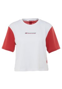 Bílé sportovní tričko s krátkým rukávem a červenými rukávy se středovým logem "TOMMY SPORT" na hrudi.