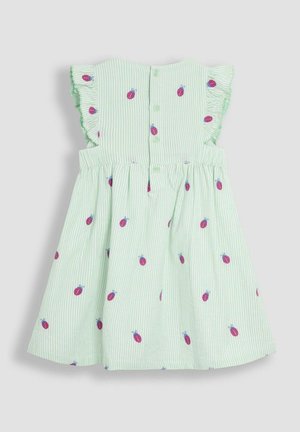 Zöld és fehér csíkos ruha fodros vállrésszel, rózsaszín és kék katicabogár mintázattal, hátul gombos záródással.