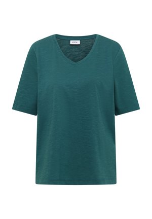 Turquoisegroen T-shirt met korte mouwen en V-hals, gemaakt van een gestructureerde stof en met een "CECIL" label aan de binnenkant van de kraag.