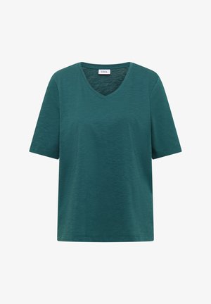 Maglietta verde petrolio a maniche corte con scollo a V, realizzata in tessuto strutturato con etichetta "CECIL" all'interno del colletto.