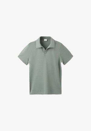 Short-sleeve polo shirt in a soft green color, made of cotton, featuring a classic collar and a relaxed fit with a simple design.