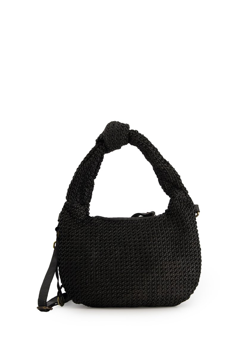 Zwarte gevlochten handtas met een knoopvormige schouderband. Heeft een textuur op het oppervlak en een eenvoudig, rond ontwerp. Inclusief een afneembare strap.