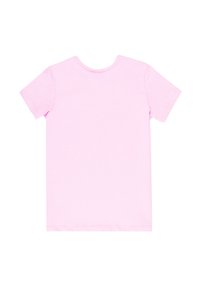 T-shirt rosa a maniche corte in morbido cotone, con scollatura tonda e orlo dritto, privo di motivi o decorazioni visibili.