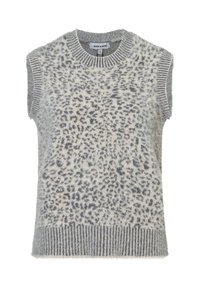 Grauer ärmelloser Pullover mit einer weichen, flauschigen Textur, der mit einem Leopardenmuster in dunkelgrau versehen ist. Gerippter Halsausschnitt und Saum.