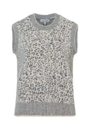 Grauer ärmelloser Pullover mit einer weichen, flauschigen Textur, der mit einem Leopardenmuster in dunkelgrau versehen ist. Gerippter Halsausschnitt und Saum.