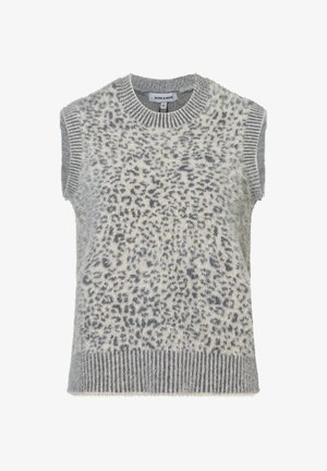 Grauer ärmelloser Pullover mit einer weichen, flauschigen Textur, der mit einem Leopardenmuster in dunkelgrau versehen ist. Gerippter Halsausschnitt und Saum.