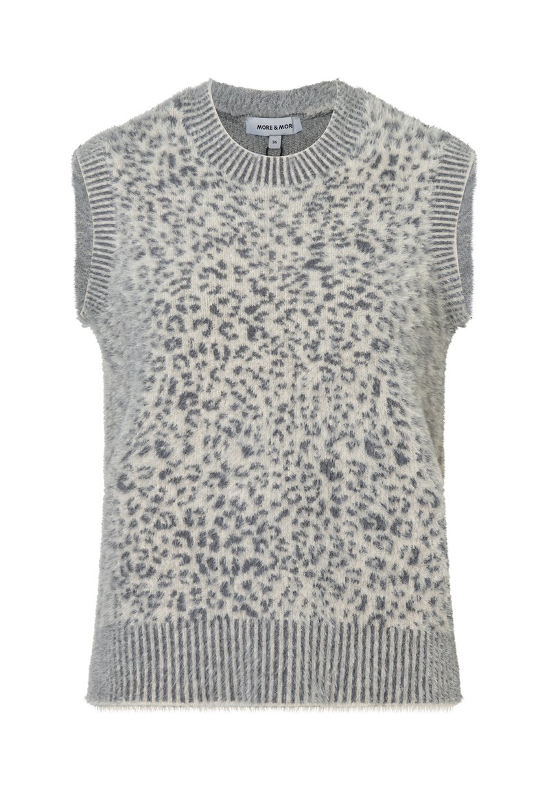 Grauer ärmelloser Pullover mit einer weichen, flauschigen Textur, der mit einem Leopardenmuster in dunkelgrau versehen ist. Gerippter Halsausschnitt und Saum.
