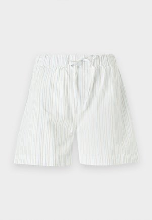 Herren Shorts aus leichtem Stoff, mit vertikalen Streifen in Hellblau und Weiß, elastischem Taillenbund und Kordelzug.