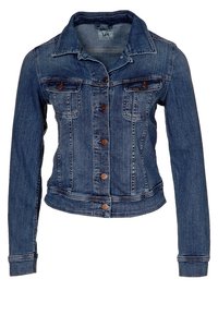 Jeansjacka i mellanblått med en figursydd design. Har krage, fem knappar framtill, två bröstfickor och långa ärmar.