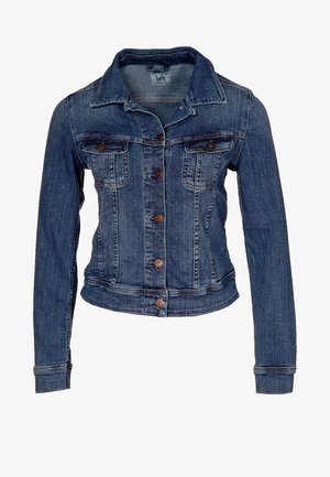 Jeansjacke in mittlerem Blau mit figurbetontem Schnitt. Mit Kragen, fünf vorderen Knöpfen, zwei Brusttaschen und langen Ärmeln.