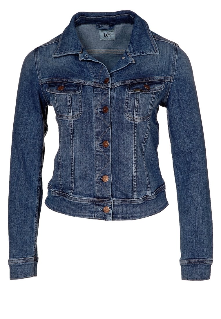 Jeansjacka i mellanblått med en figursydd design. Har krage, fem knappar framtill, två bröstfickor och långa ärmar.