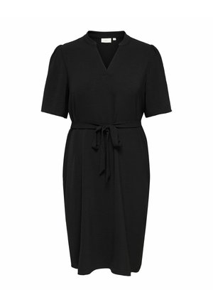 Fekete, rövid ujjú, térdig érő ruha V-nyakkivágással, finoman puffos vállakkal és deréknál szövet övvel.