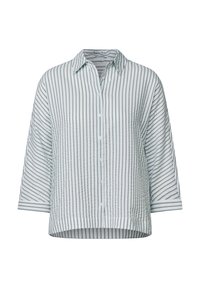 Camicia button-up di colore azzurro chiaro con righe verticali, maniche 3/4, colletto classico e vestibilità rilassata. Tessuto testurizzato con dettagli sottili.