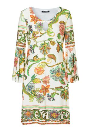 Weißes langärmliges Kleid mit bunten Blumen- und Rankenmustern, Schlitz am Ausschnitt und ausgestellten Manschetten.