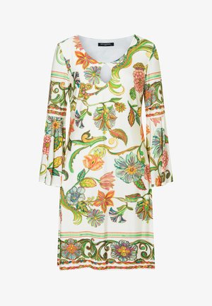 Weißes langärmliges Kleid mit bunten Blumen- und Rankenmustern, Schlitz am Ausschnitt und ausgestellten Manschetten.