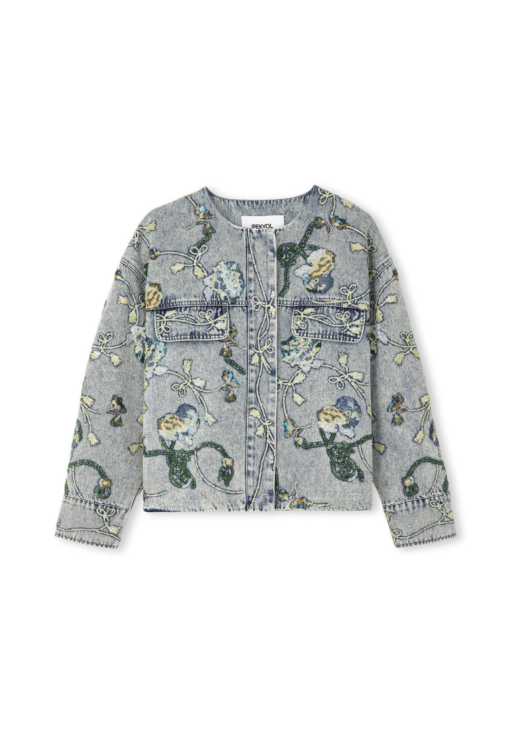 Ipekyol FLORAL EMBROIDERED - Denim jacket - indigo/light blue
