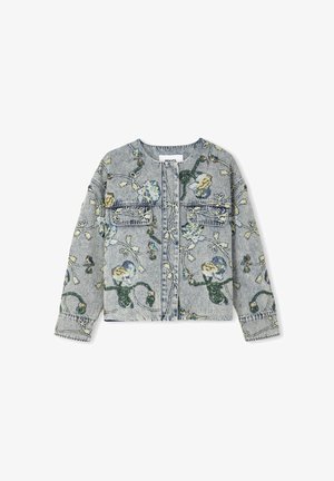 Veste en denim bleu avec broderies florales, comportant deux poches avant, un col rond et des manches longues. Tissu texturé avec des motifs complexes.