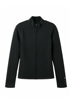 Veste noire à manches longues avec fermeture éclair frontale, col montant et détails de couture minimaux sur fond blanc.