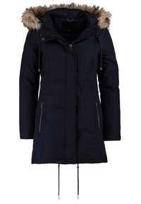 Marinblå parka-jacka med fuskpälsfodrad huva, frontdragkedja och snoddar vid midjan; har två sidofickor med dragkedja.