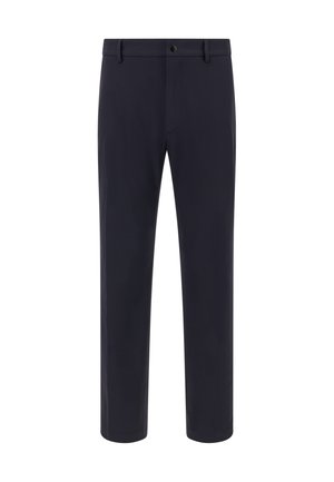 Navy-Hosen mit glatter Textur, geradem Bein, normaler Taille und Fronttaschen. Verfügt über einen einfachen Knopfverschluss.