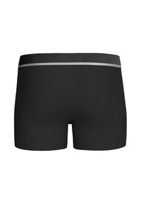 Black boxer shorts with a smooth texture, featuring a grey elastic waistband. The waistband has embossed branding and a silver accent.