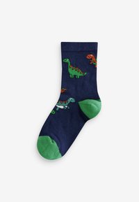 Calzini di cotone blu navy con punte e talloni verdi, decorati con vivaci motivi di dinosauri in verde e arancione. Texture liscia.